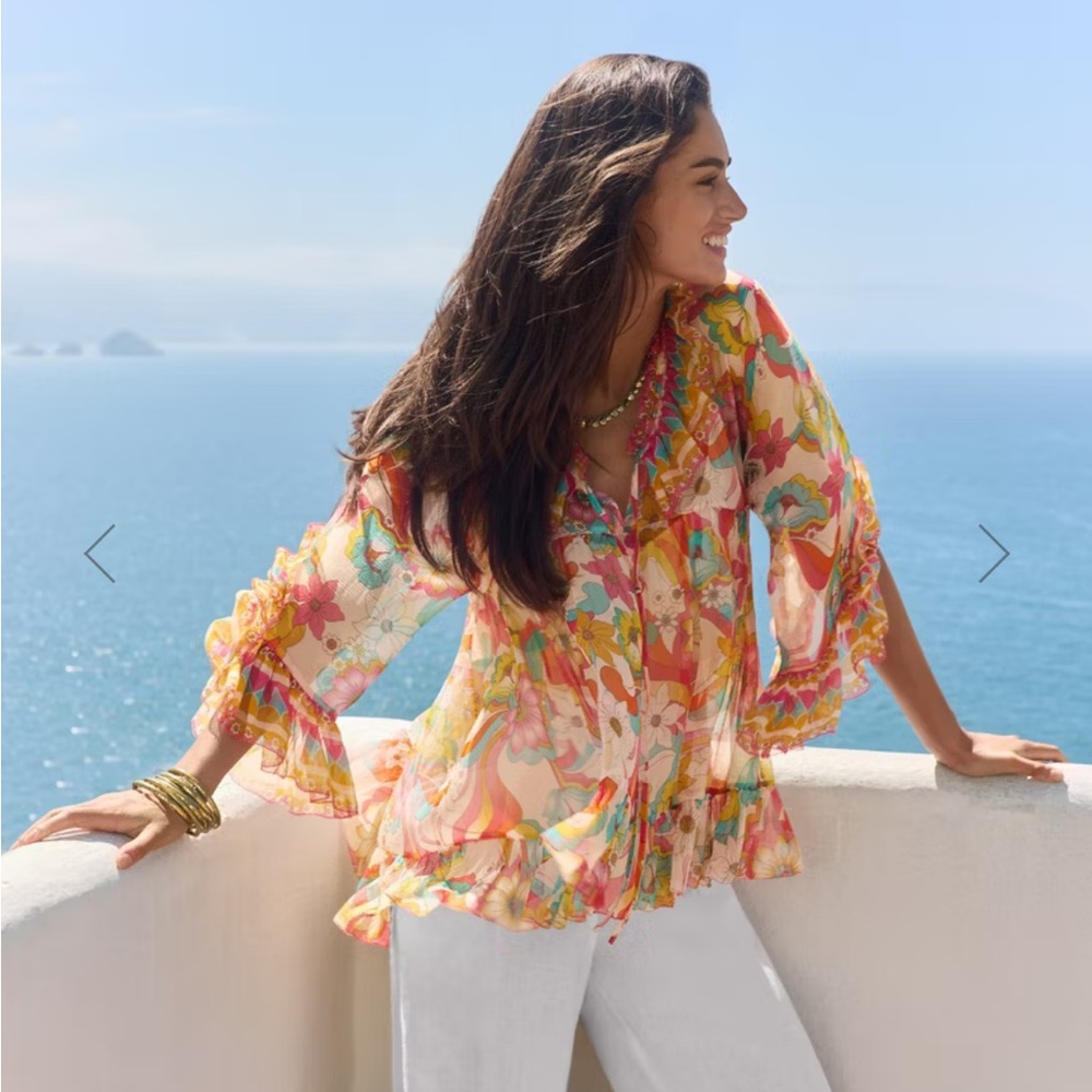 Jade by Johnny Was Gal Ruffle Tie Blouse Prismatic Dream Size Small NWT